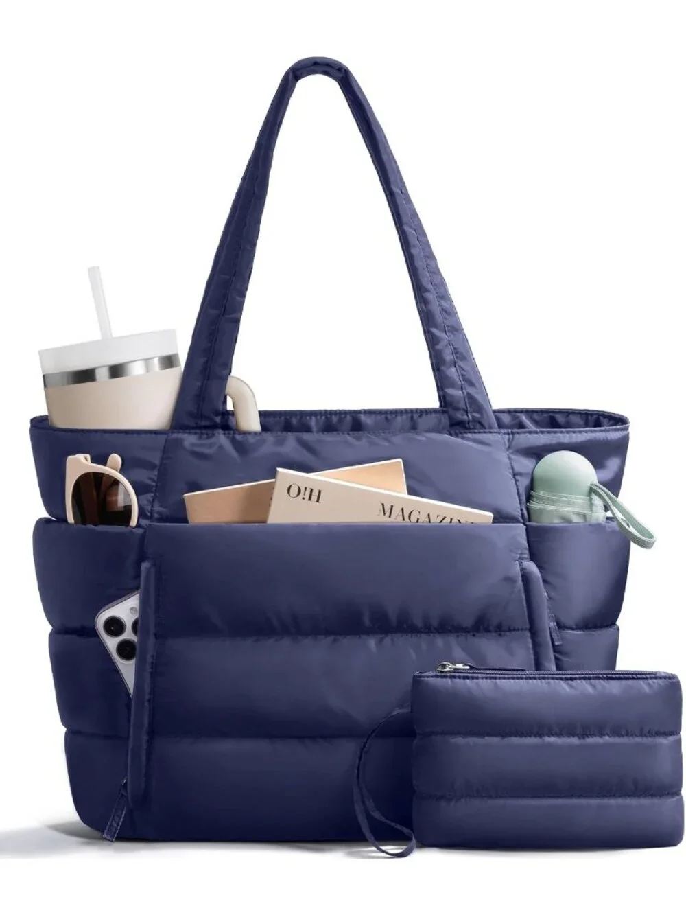 👜Women's Navy Blue Puffer Tote Bag 16 Pockets Work Gym Travel Laptop Handbag